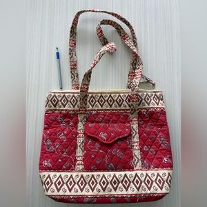 Quilted Red Tote Bag with Patterned Trim